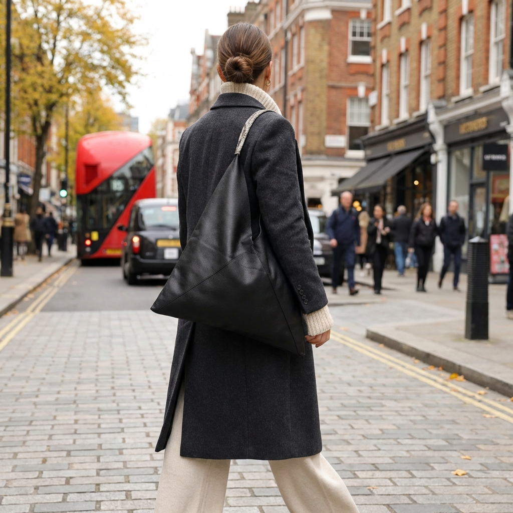 Black bag details with sharp clean lines Dark haired   girl