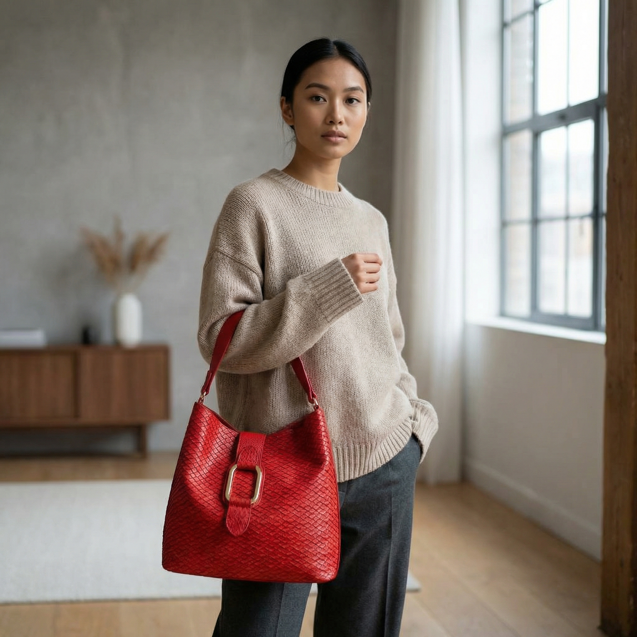 Gril trendy standing in London flat