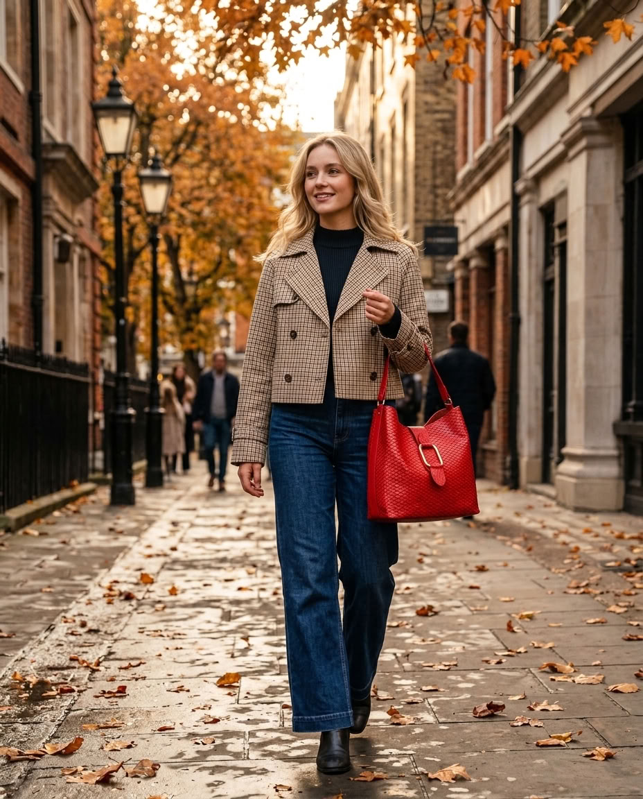 A woman walking down a city street during autumn, carrying a red handbag, wearing a plaid jacket, black sweater, blue jeans, and black shoes.