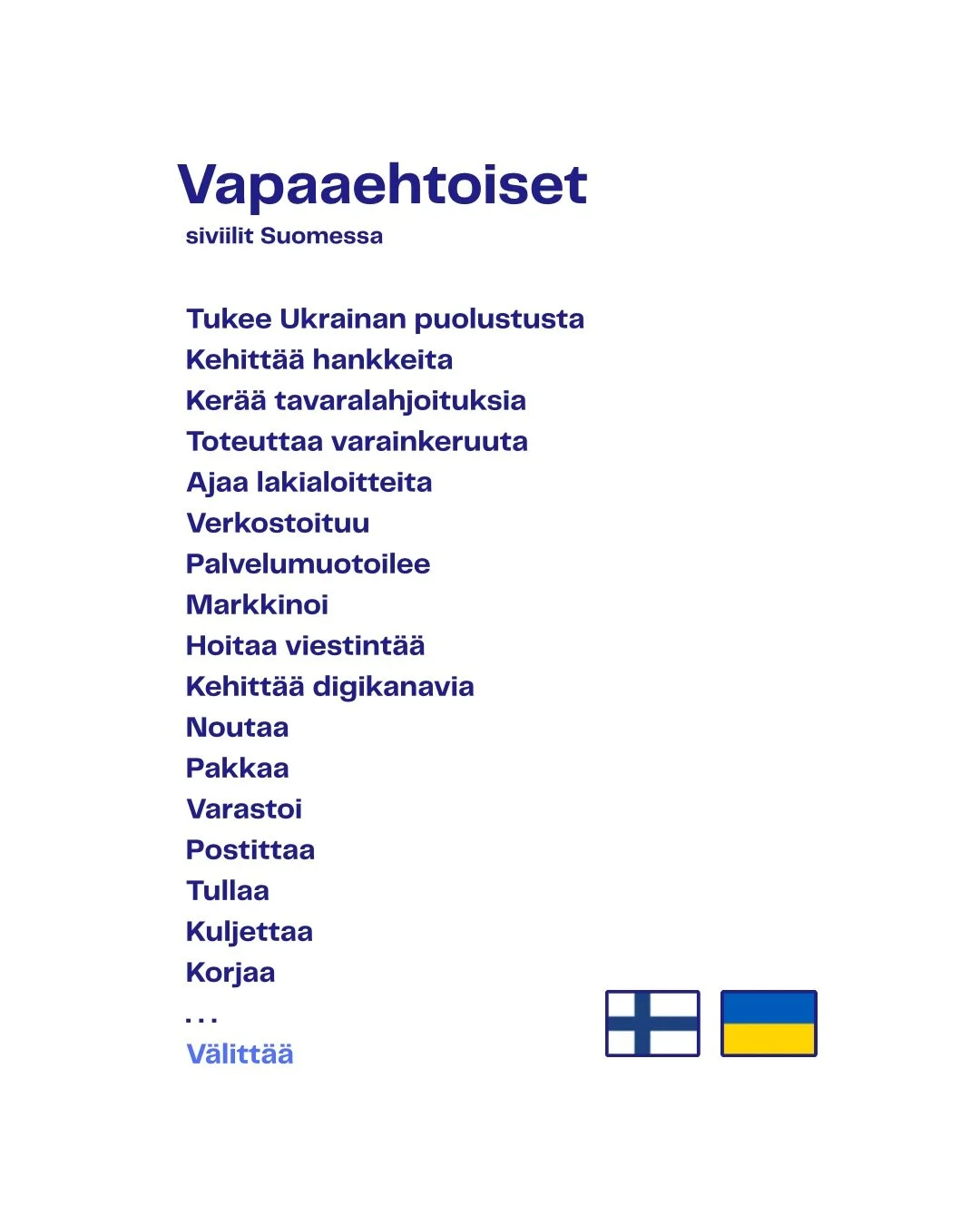 5.12. on kansainv&auml;linen vapaaehtoisten p&auml;iv&auml; ✨

Liity mukaan edist&auml;m&auml;&auml;n Ukrainan puolustuksen elint&auml;rke&auml;&auml; ty&ouml;t&auml;. Jokainen voi tehd&auml; jotakin - oman osaamisensa ja jaksamisensa puitteissa. Kys