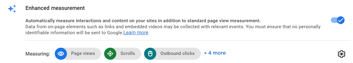 Google Analytics 4 web stream details dashboard showing the Enhanced Measurement settings menu with the outbound clicks toggle switched on.