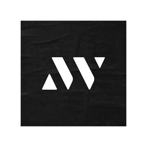 Black background with a white stylized letter 'W' and a downward-pointing triangle.