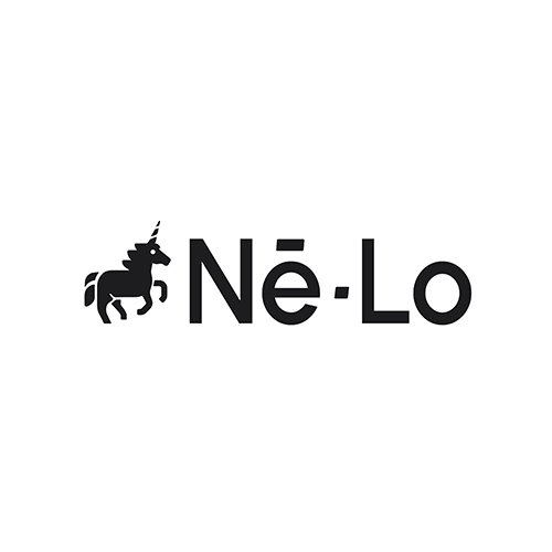Logo featuring a black unicorn silhouette and the text 'Nē·Lo' in black.