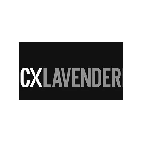 Black square with white and gray text reading 'CX LAVENDER'.