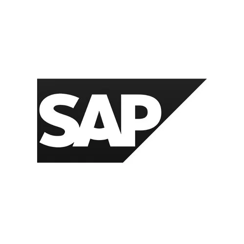 SAP logo in black and white with stylized design.