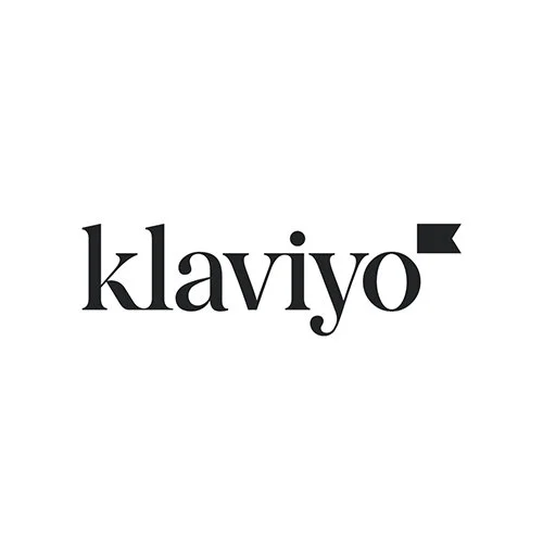 Black text spelling 'klaviyo' with a small black flag icon on a white background.
