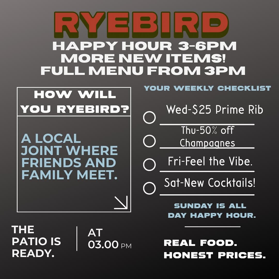 You ready to Ryebird this week?  Let&rsquo;s go!  Snacks. Drinks. Dinner. Happy hours.  Walk on in or reserve at OpenTable.  Bar seats are first come-first served.  We can&rsquo;t wait to serve you.  Now booking private parties. Join the fun. #ctrest