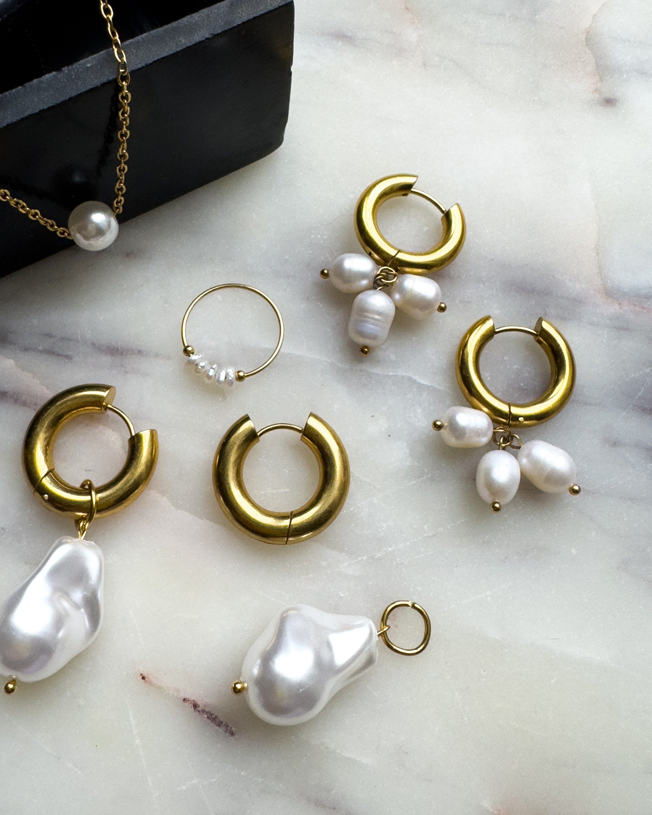 Lucia Earrings, 18K Gold Plated Earring hoops with three pendant irregular pearls. Waterproof. Emilia Burk