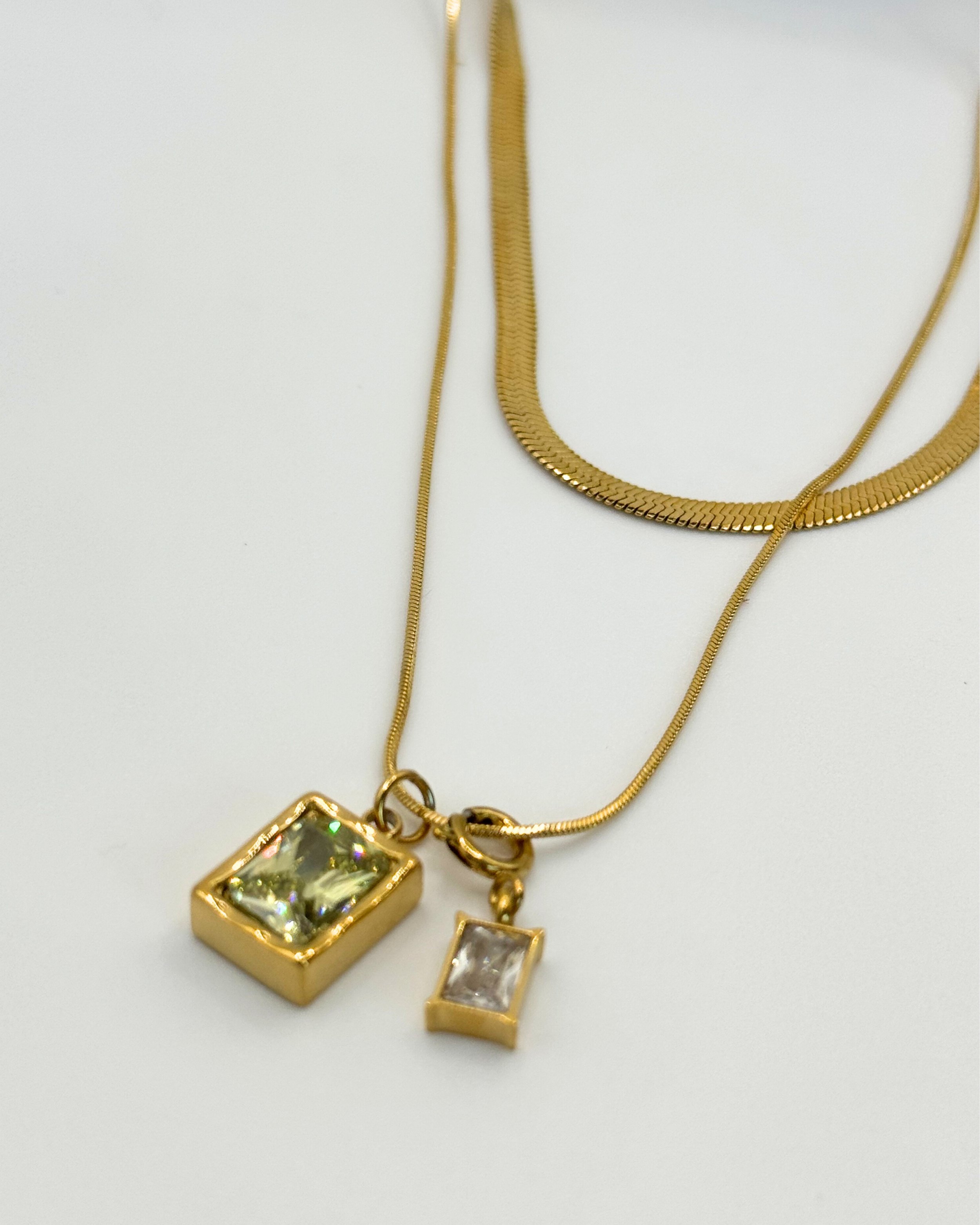Aicha Duo. Doble Necklace with Snake Chain and Green pendants. Waterproof and dainty. Emilia Burk