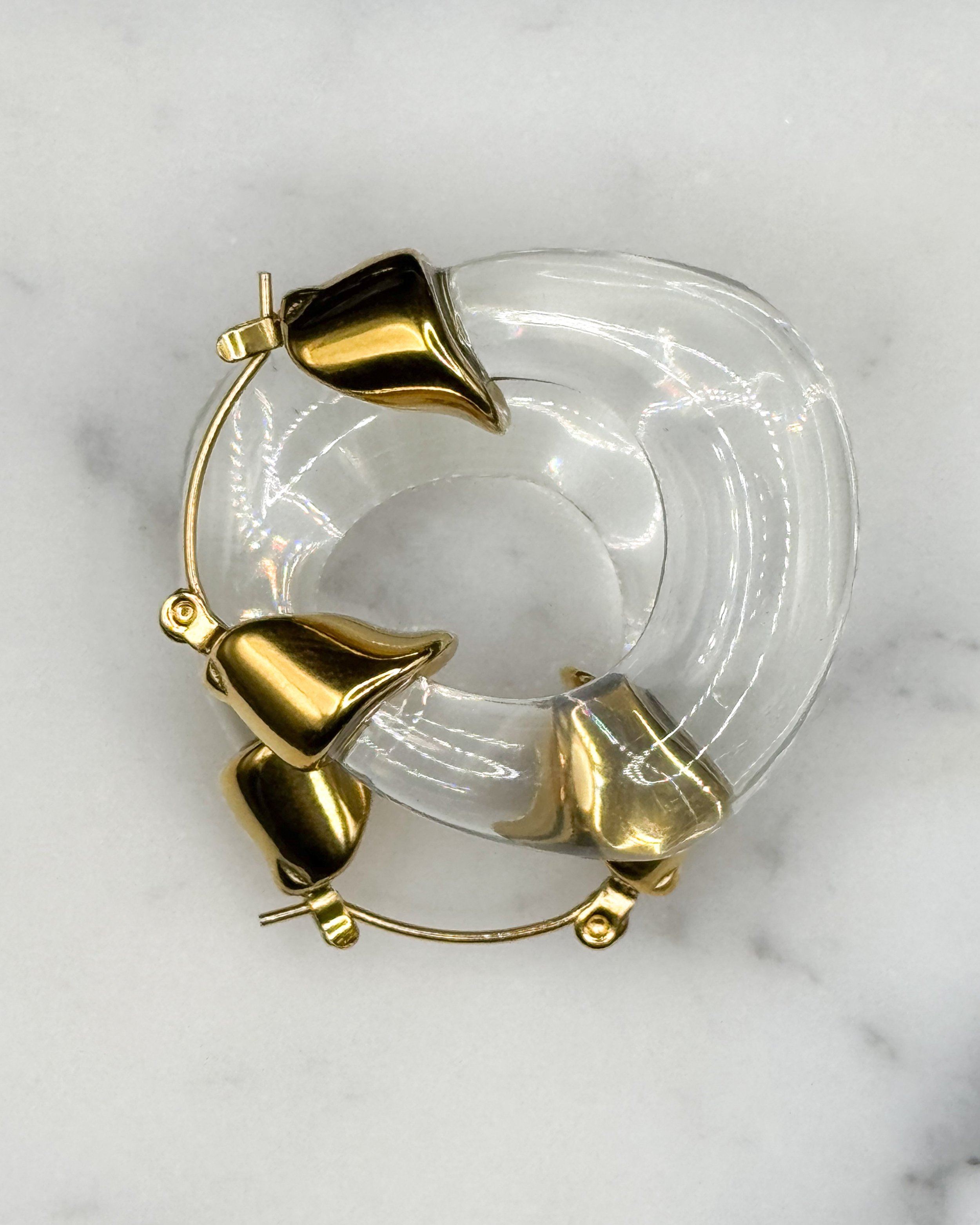 Costa Earrings. Acrylic Transparent, green or white Hoops with 18K Gold Plated clip. Perfect for stacking. Waterproof. Emilia Burk
