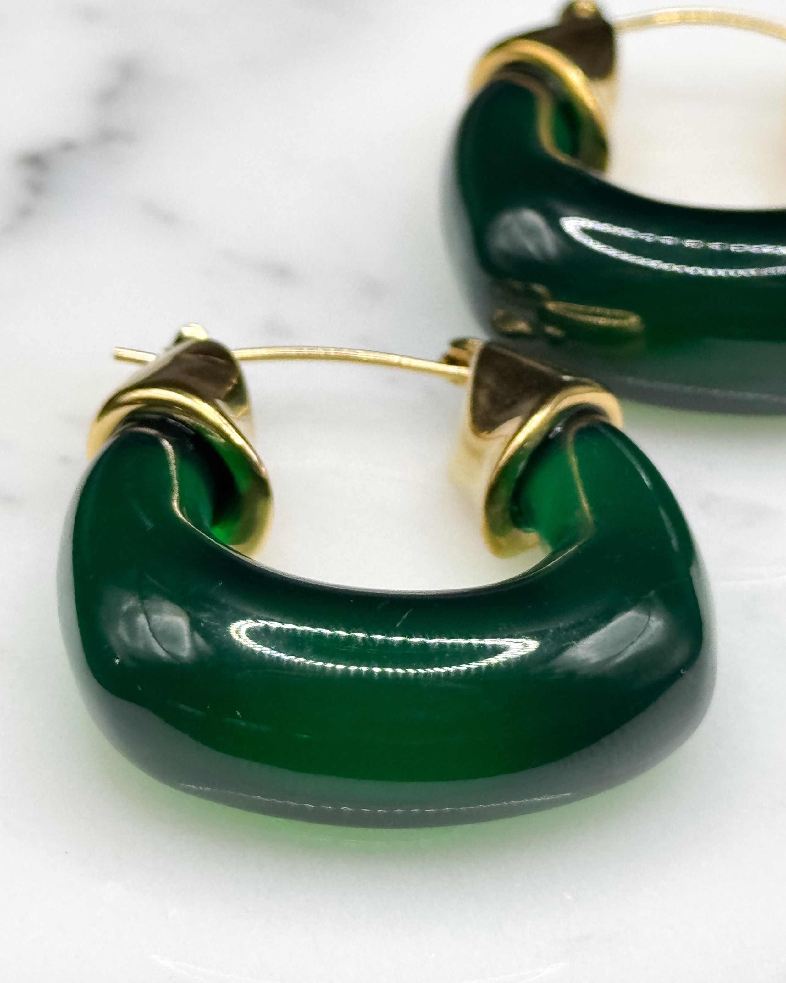 Costa Earrings. Acrylic Transparent, green or white Hoops with 18K Gold Plated clip. Perfect for stacking. Waterproof. Emilia Burk