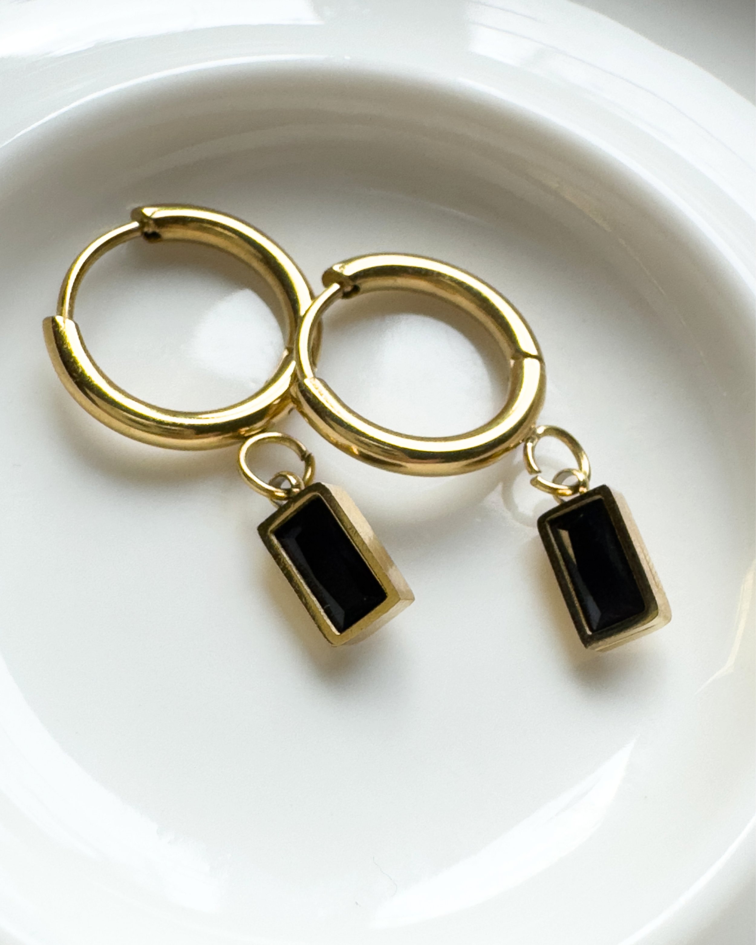 Radiant Drop Waterproof Hoop Earrings – Gold Huggies with Baguette Charms | Emilia Burk