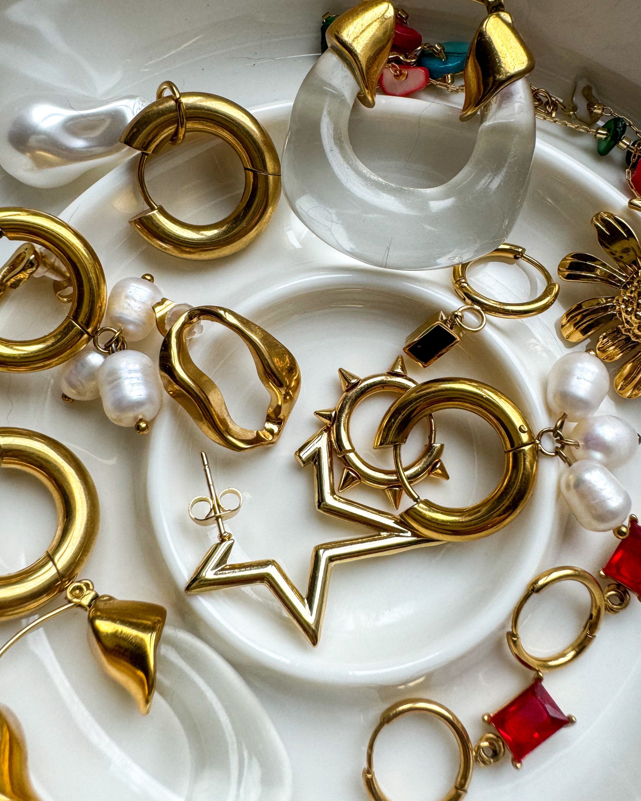 Lucia Earrings, 18K Gold Plated Earring hoops with three pendant irregular pearls. Waterproof. Emilia Burk