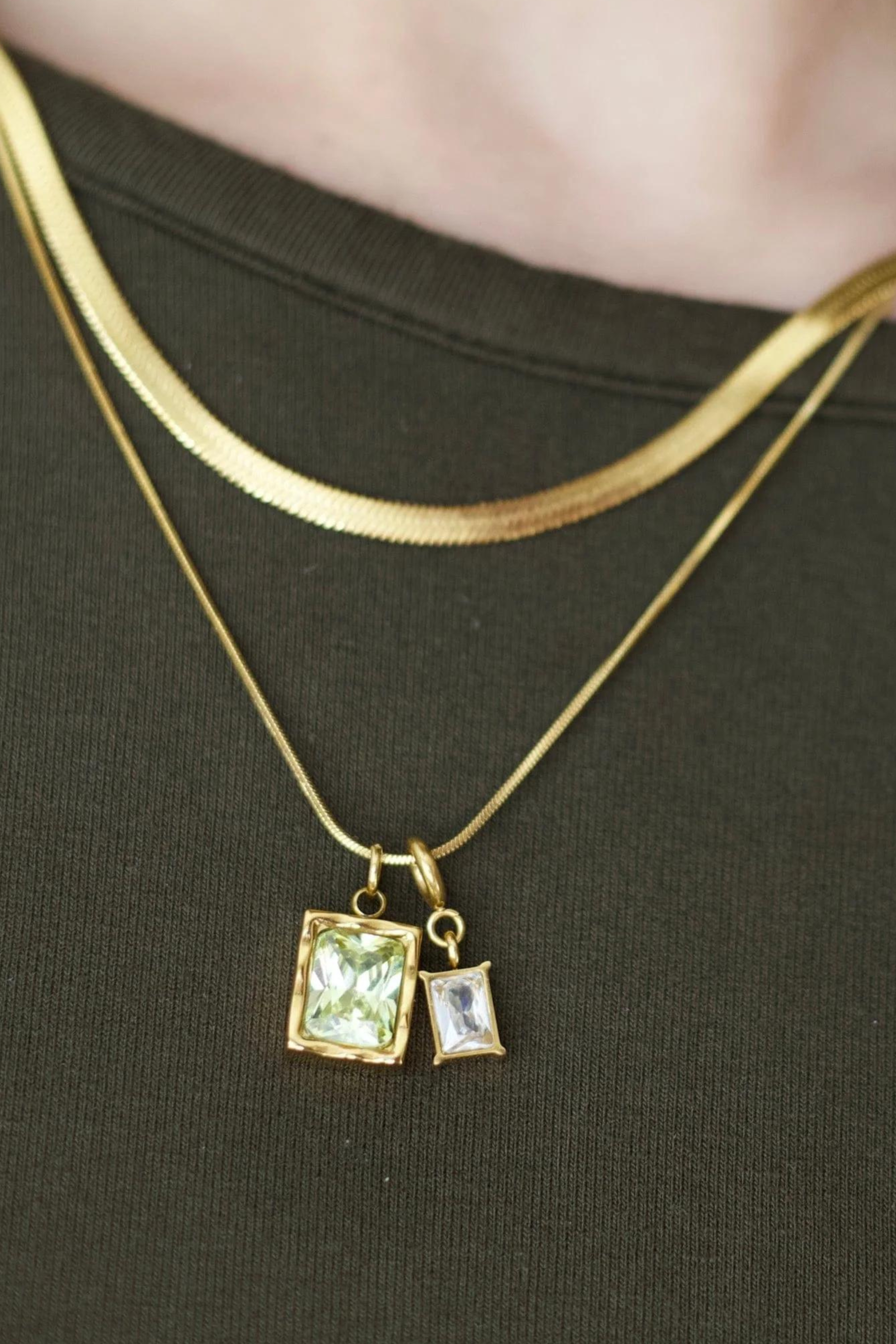 Aicha Duo. Doble Necklace with Snake Chain and Green pendants. Waterproof and dainty. Emilia Burk