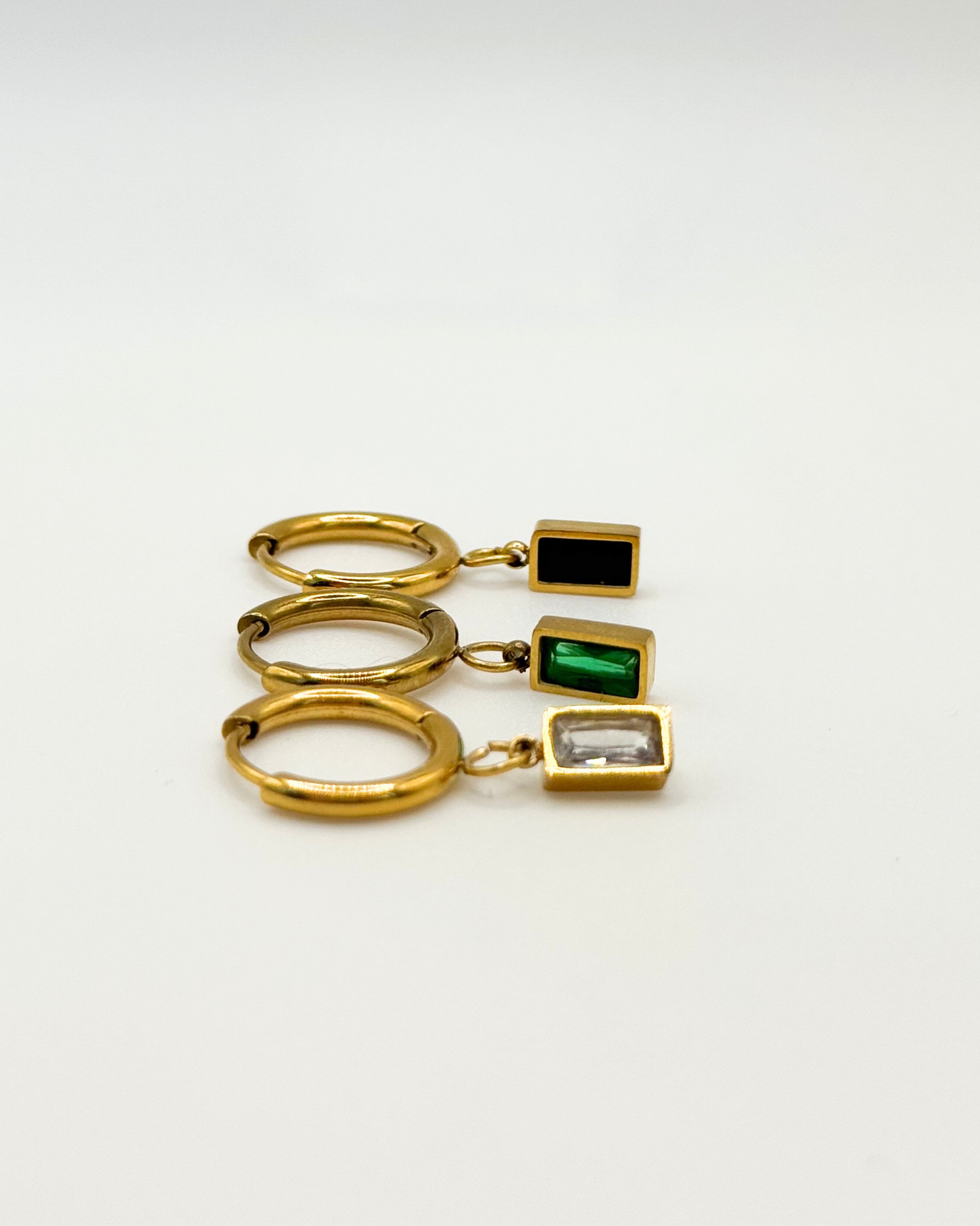 Radiant Drop Waterproof Hoop Earrings – Gold Huggies with Baguette Charms | Emilia Burk