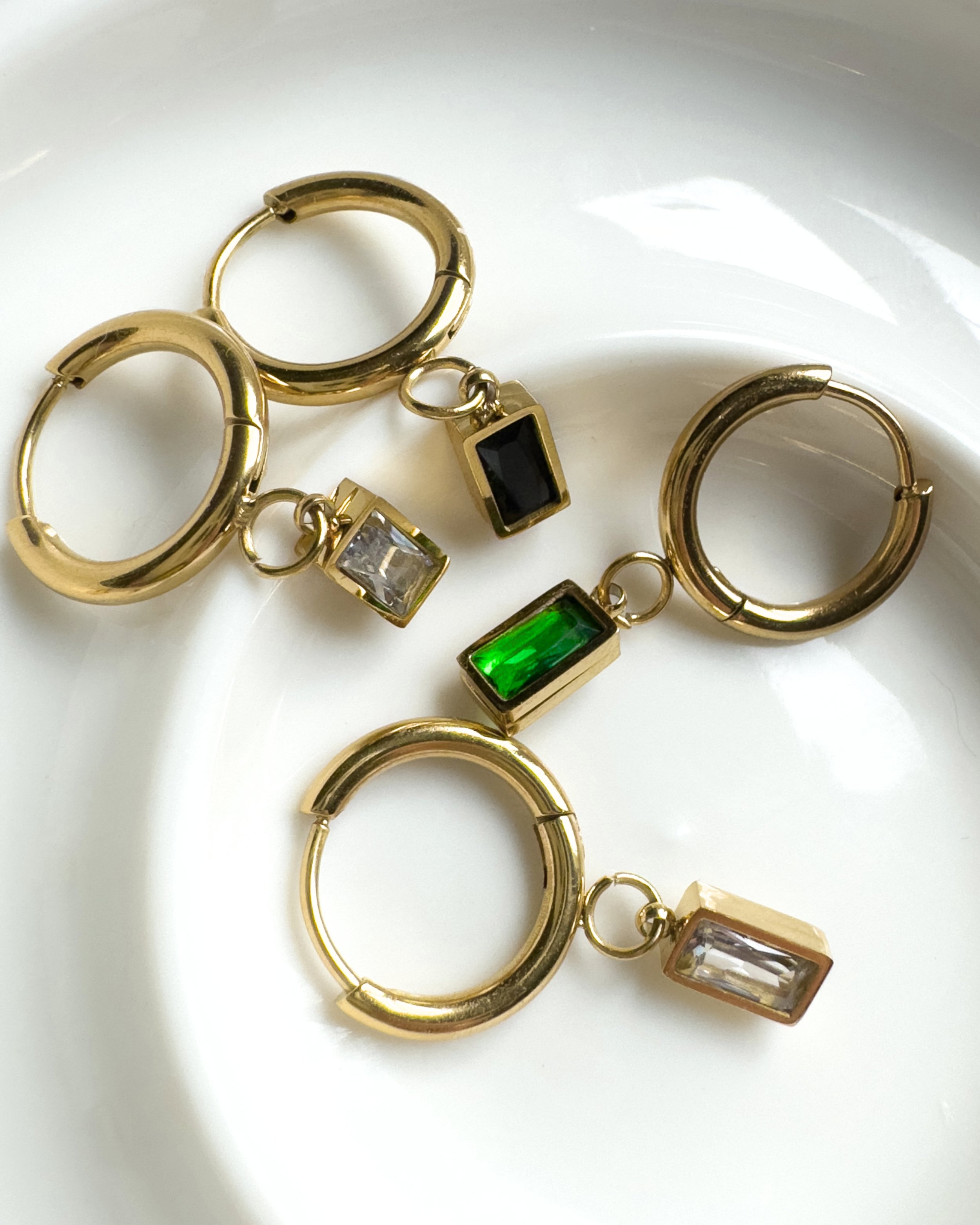 Radiant Drop Waterproof Hoop Earrings – Gold Huggies with Baguette Charms | Emilia Burk