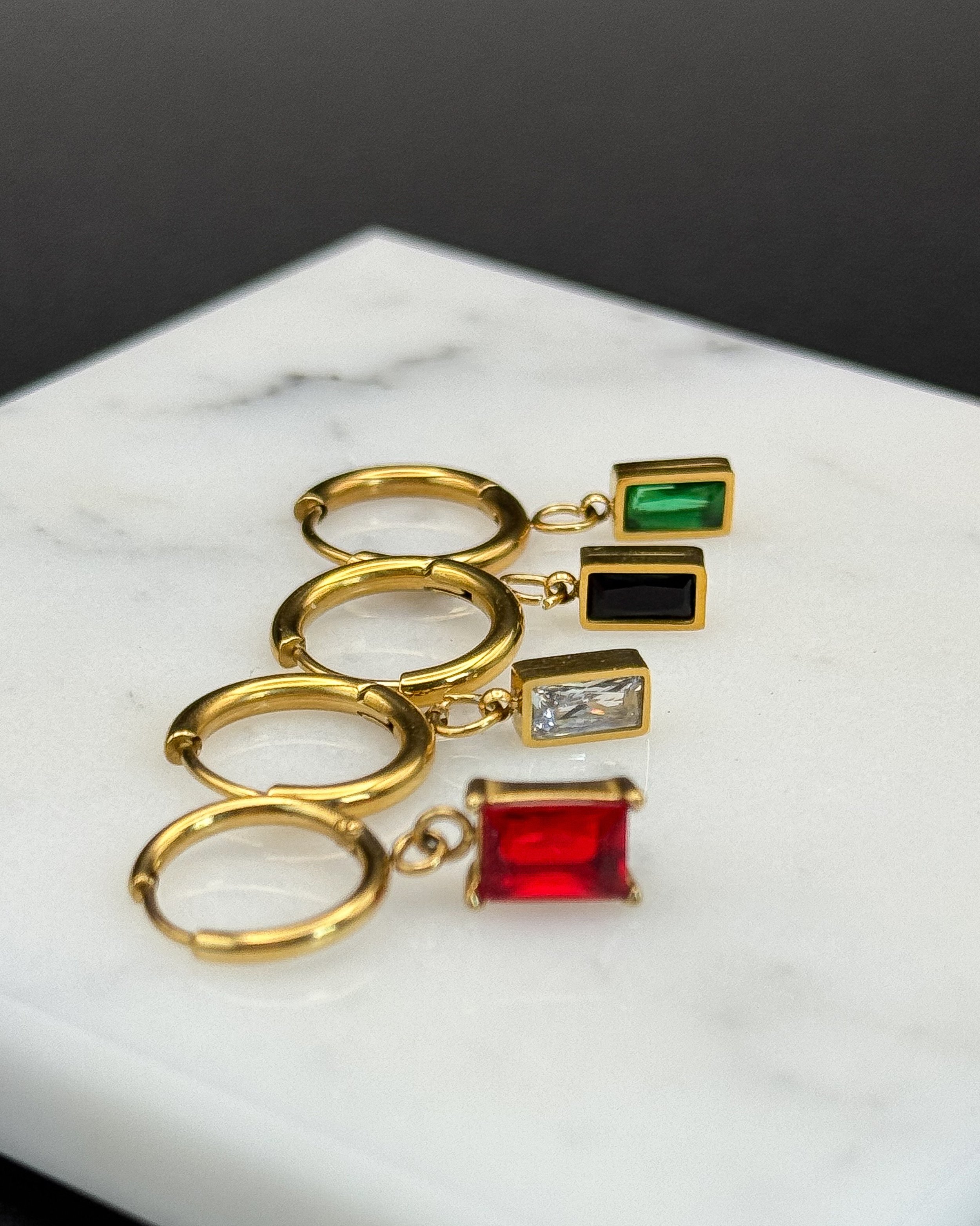 Radiant Drop Waterproof Hoop Earrings – Gold Huggies with Baguette Charms | Emilia Burk