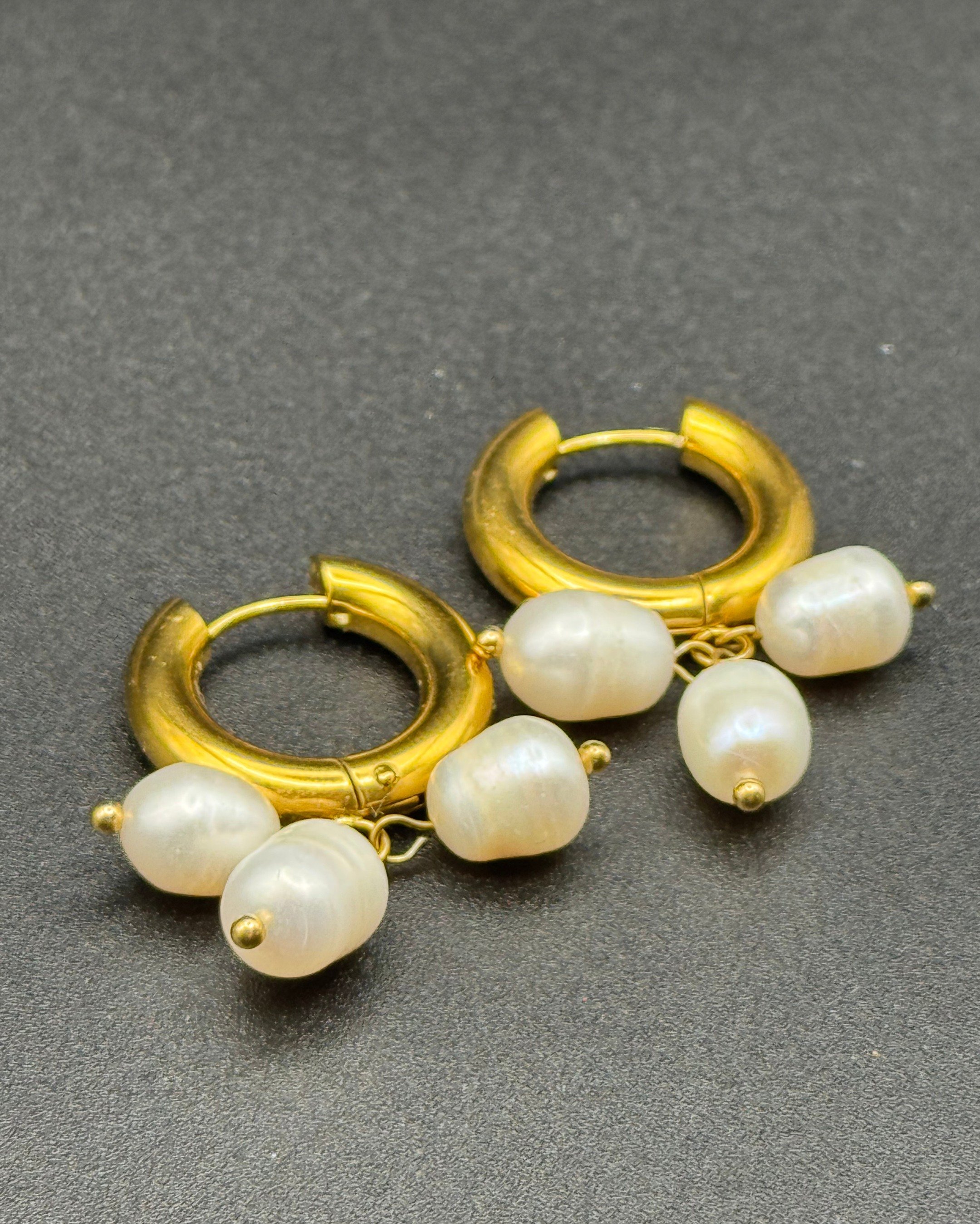 Lucia Earrings, 18K Gold Plated Earring hoops with three pendant irregular pearls. Waterproof. Emilia Burk