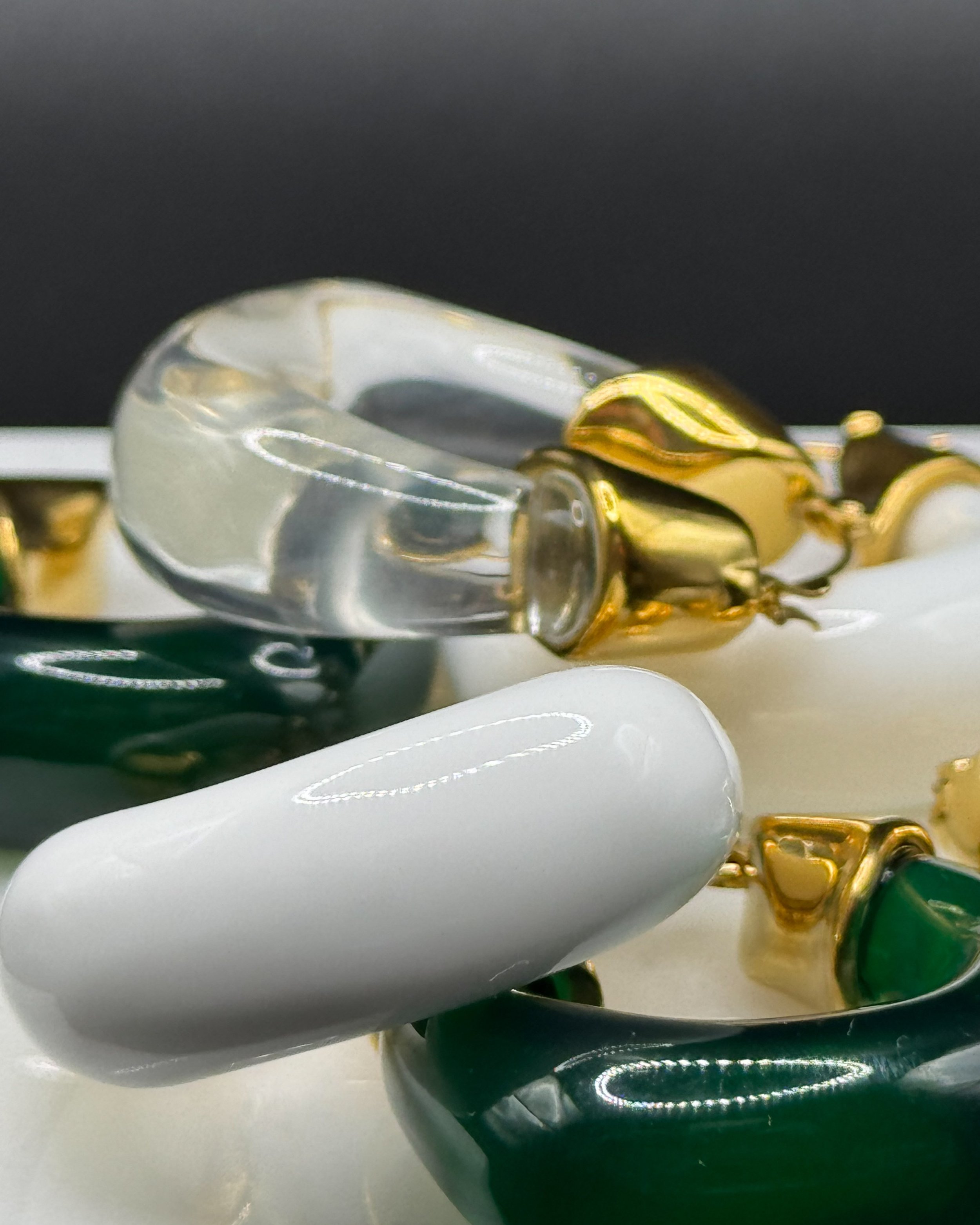 Costa Earrings. Acrylic Transparent, green or white Hoops with 18K Gold Plated clip. Perfect for stacking. Waterproof. Emilia Burk