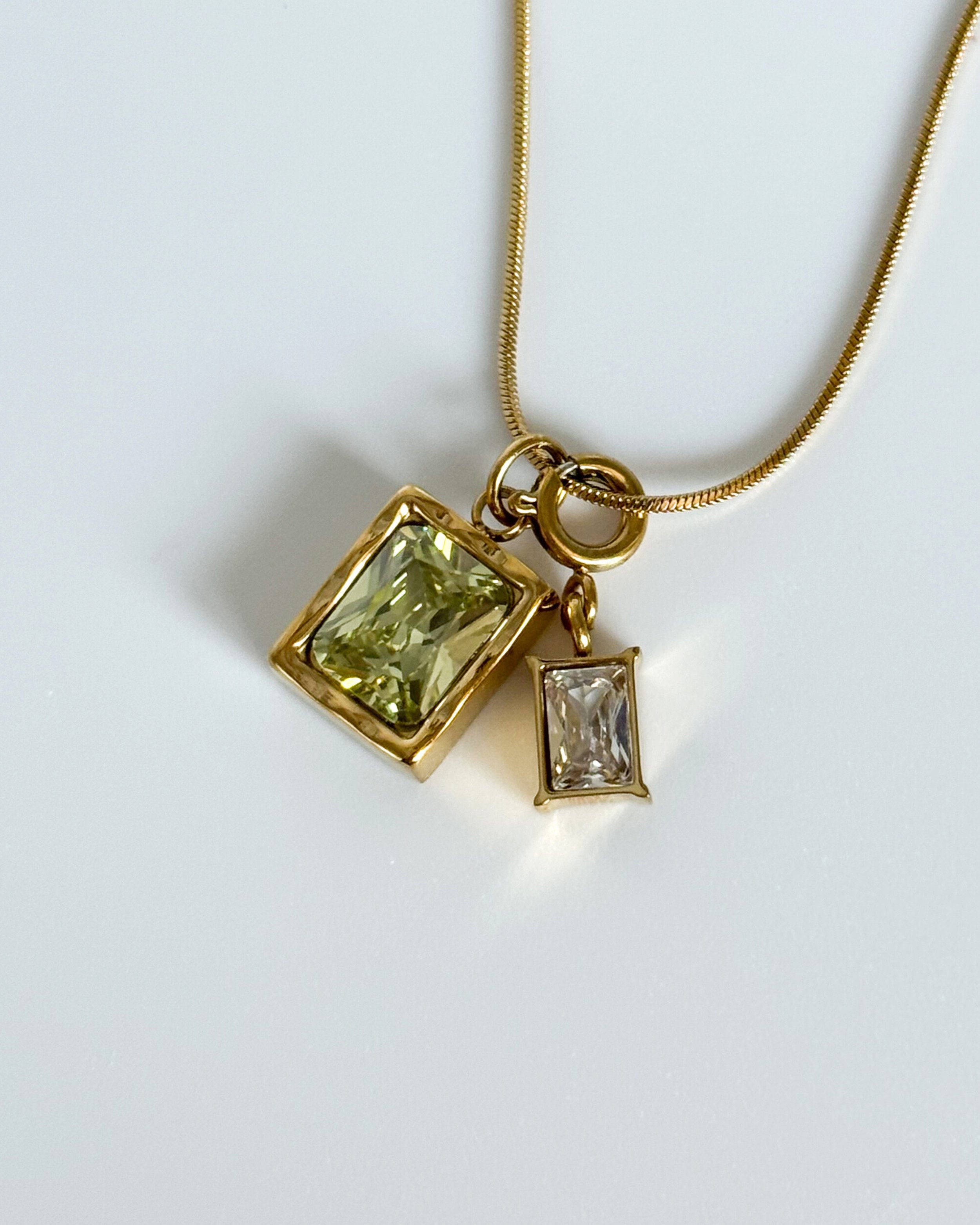 Aicha Duo. Doble Necklace with Snake Chain and Green pendants. Waterproof and dainty. Emilia Burk