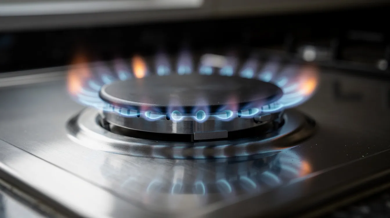 A vibrant blue natural gas flame flickers on a kitchen stove burner, providing heat for cooking. The flame symbolizes energy efficiency and safety in home cooking applications.