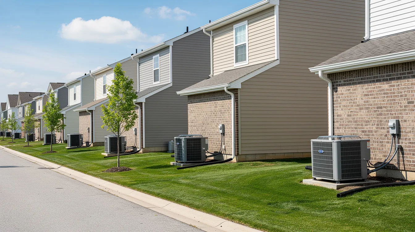 The image depicts a sunny residential neighborhood featuring several suburban homes, each equipped with air conditioning units on their sides.