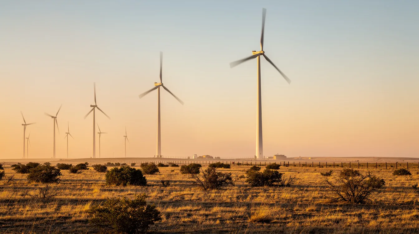 The image depicts white wind turbines gracefully spinning on flat Texas ranchland during the golden hour, symbolizing the shift towards renewable energy and green energy solutions embraced by many Texas electricity providers.