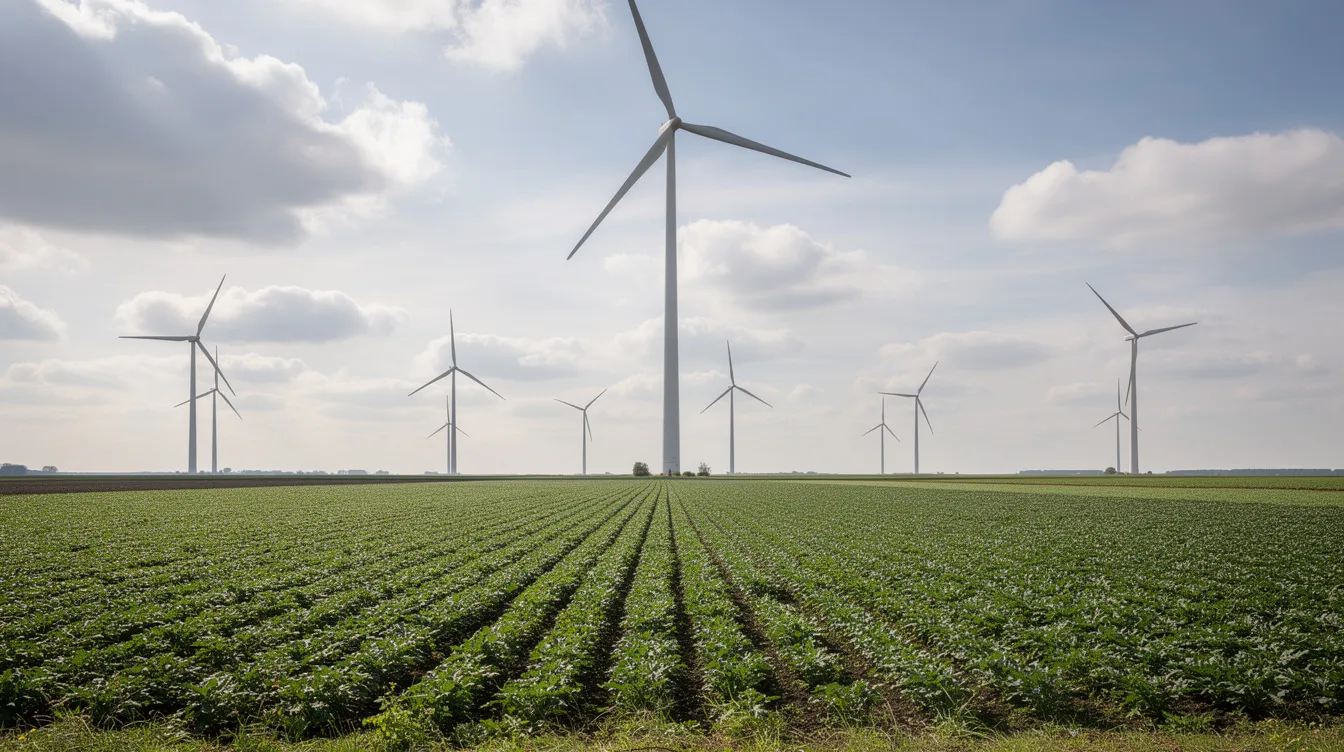 The image depicts large wind turbines towering over a flat green agricultural field beneath a partly cloudy sky, symbolizing renewable energy and green energy initiatives.
