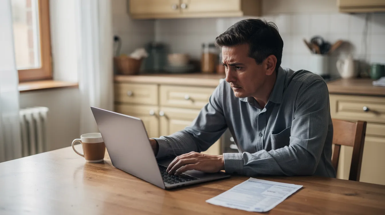 A person is seated at a kitchen table, focused on a laptop while reviewing a paper electric bill. The scene suggests they are comparing energy plans and electricity rates to find the best deal for their Pennsylvania residence.