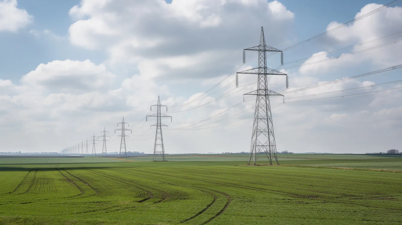 The image depicts high-voltage power lines stretching across lush green farmland under a partly cloudy sky, symbolizing the infrastructure of electricity supply in rural areas.
