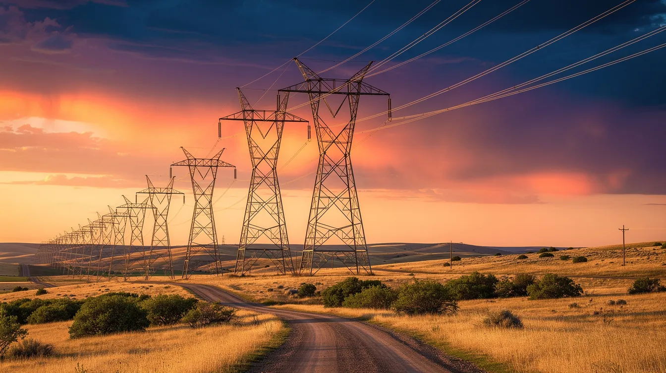 The image depicts electrical power lines stretching across a vast American landscape, illuminated by the warm hues of a sunset sky.