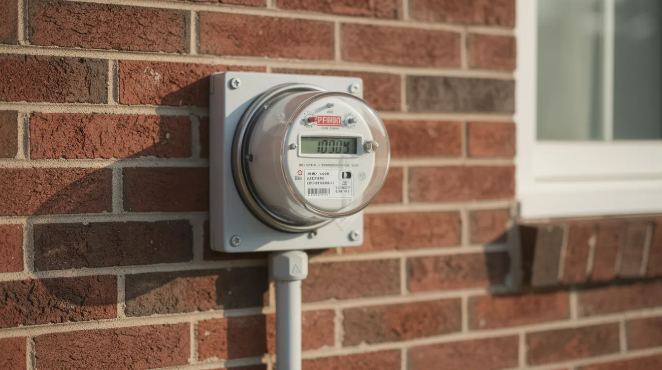 The image shows a residential electricity meter mounted on the exterior wall of a brick home, indicating the energy consumption of the household.  This meter is crucial for Pennsylvania residents to understand their electricity usage and compare.