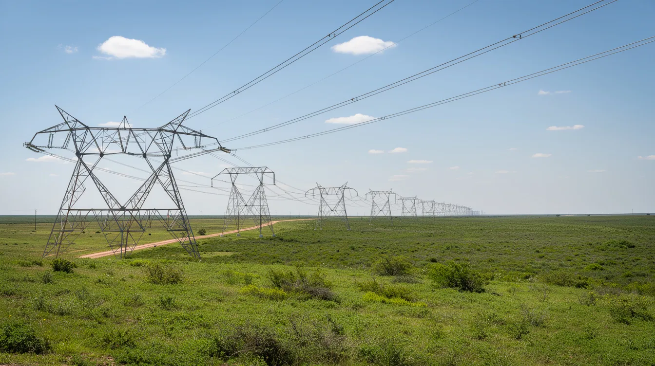 The image depicts Texas power transmission lines stretching across a flat green landscape under a clear blue sky, symbolizing the infrastructure supporting renewable energy and electricity plans offered by various Texas electricity providers.