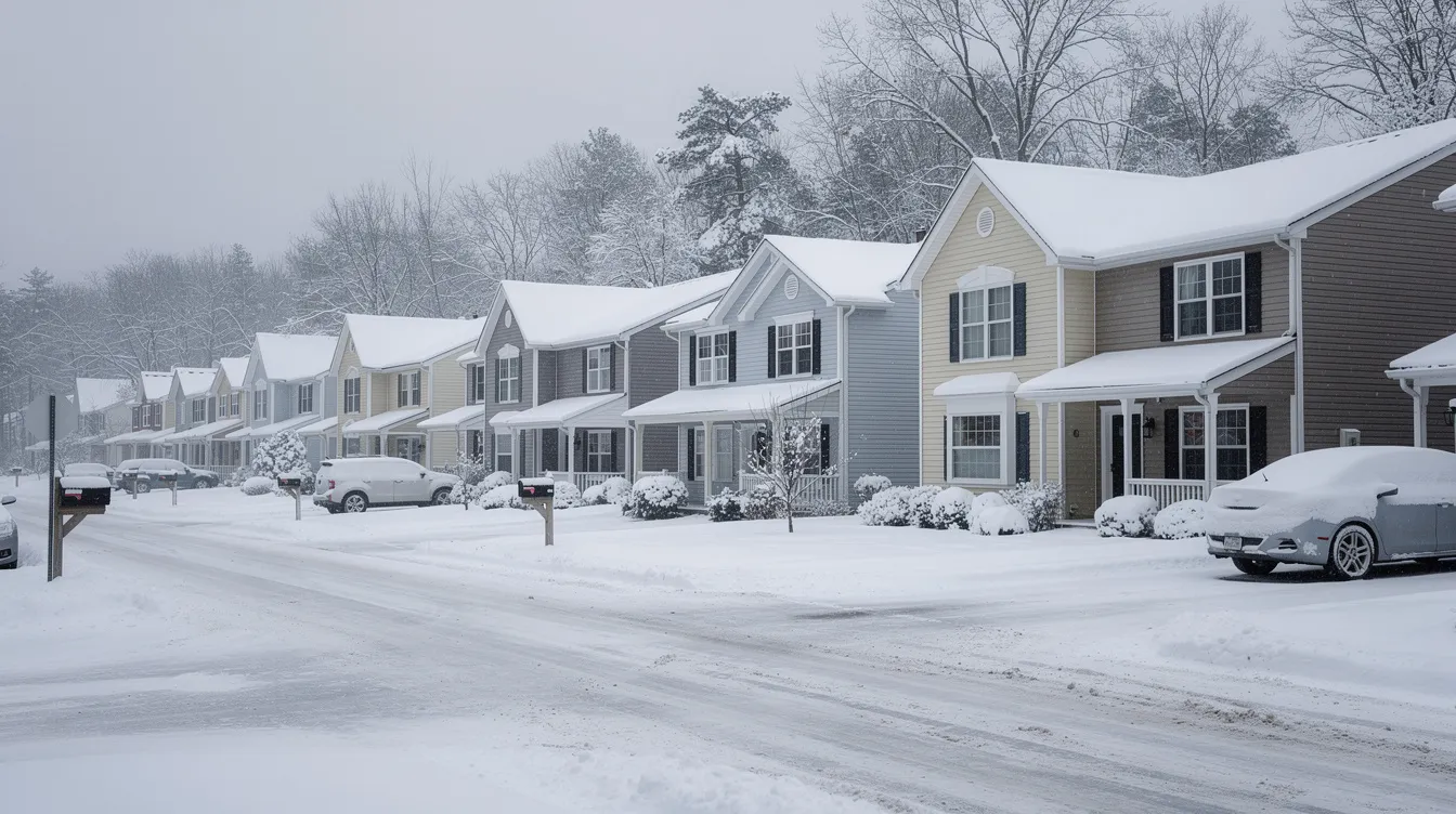 A picturesque row of suburban American homes is blanketed in fresh snow, creating a serene winter scene. The houses, with their smoke rising from chimneys, evoke a sense of warmth and security on this chilly day.