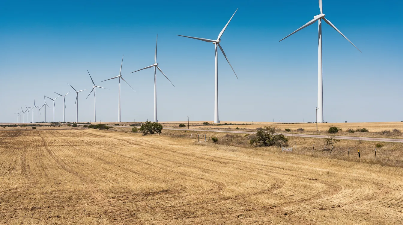 A row of large wind turbines stands tall on open Texas farmland, set against a clear blue sky, symbolizing the state's commitment to green energy and renewable resources.
