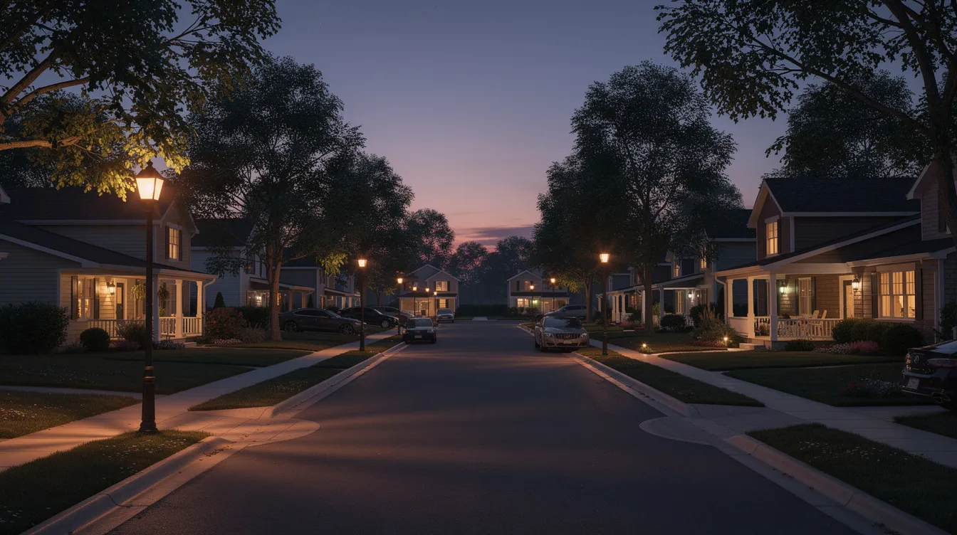 The image depicts a tranquil residential neighborhood at dusk, with warm, glowing streetlights illuminating charming homes along a quiet suburban road.