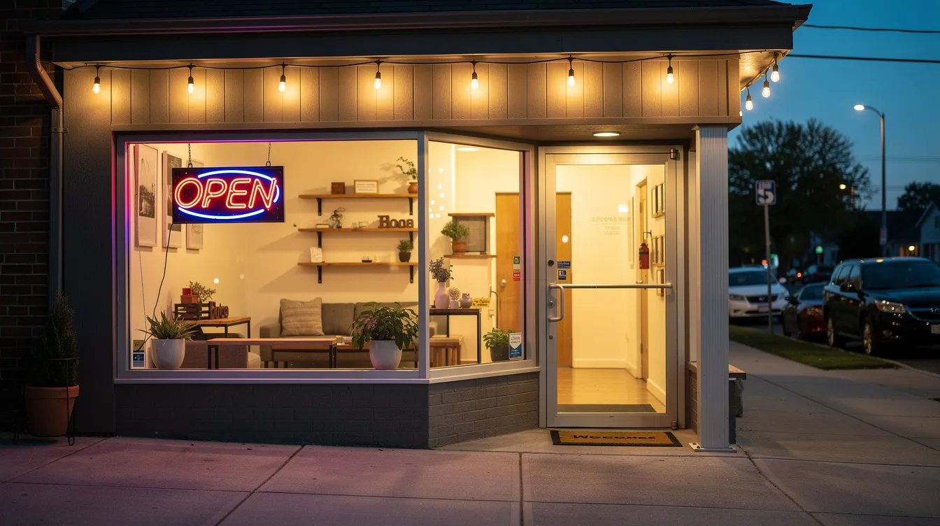 The image depicts a small business storefront at dusk, featuring an illuminated "Open" sign in the window, inviting customers in. The warm glow of the sign contrasts with the fading light, creating a welcoming atmosphere for potential visitors.