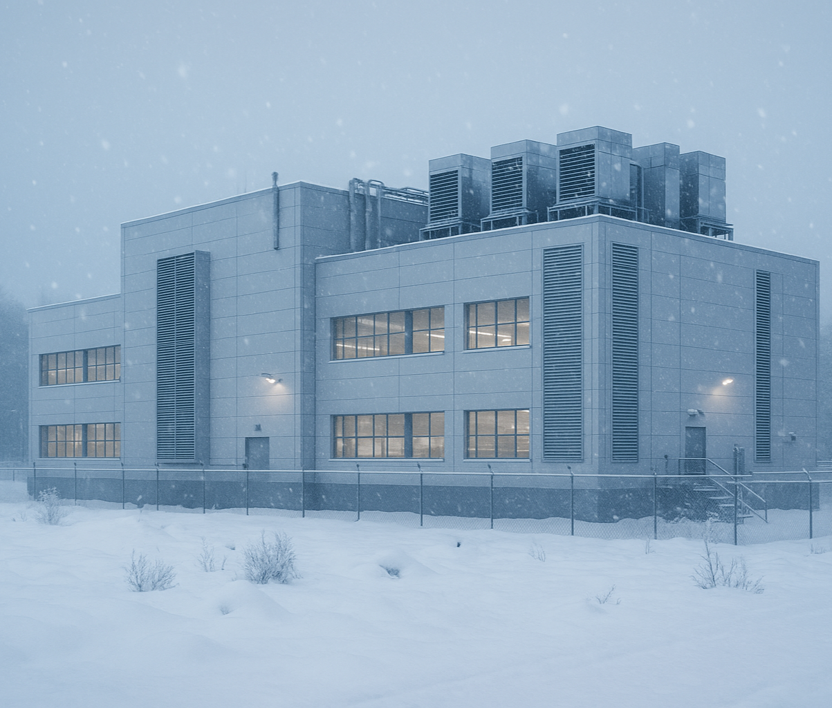 Snow-Covered Data Center Building