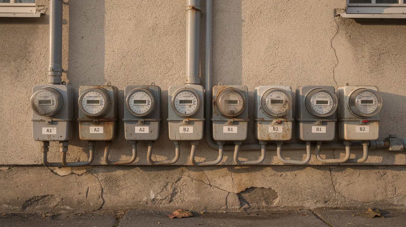 The image depicts a row of residential electricity meters mounted on the exterior wall of an apartment building, showcasing various energy usage indicators.
