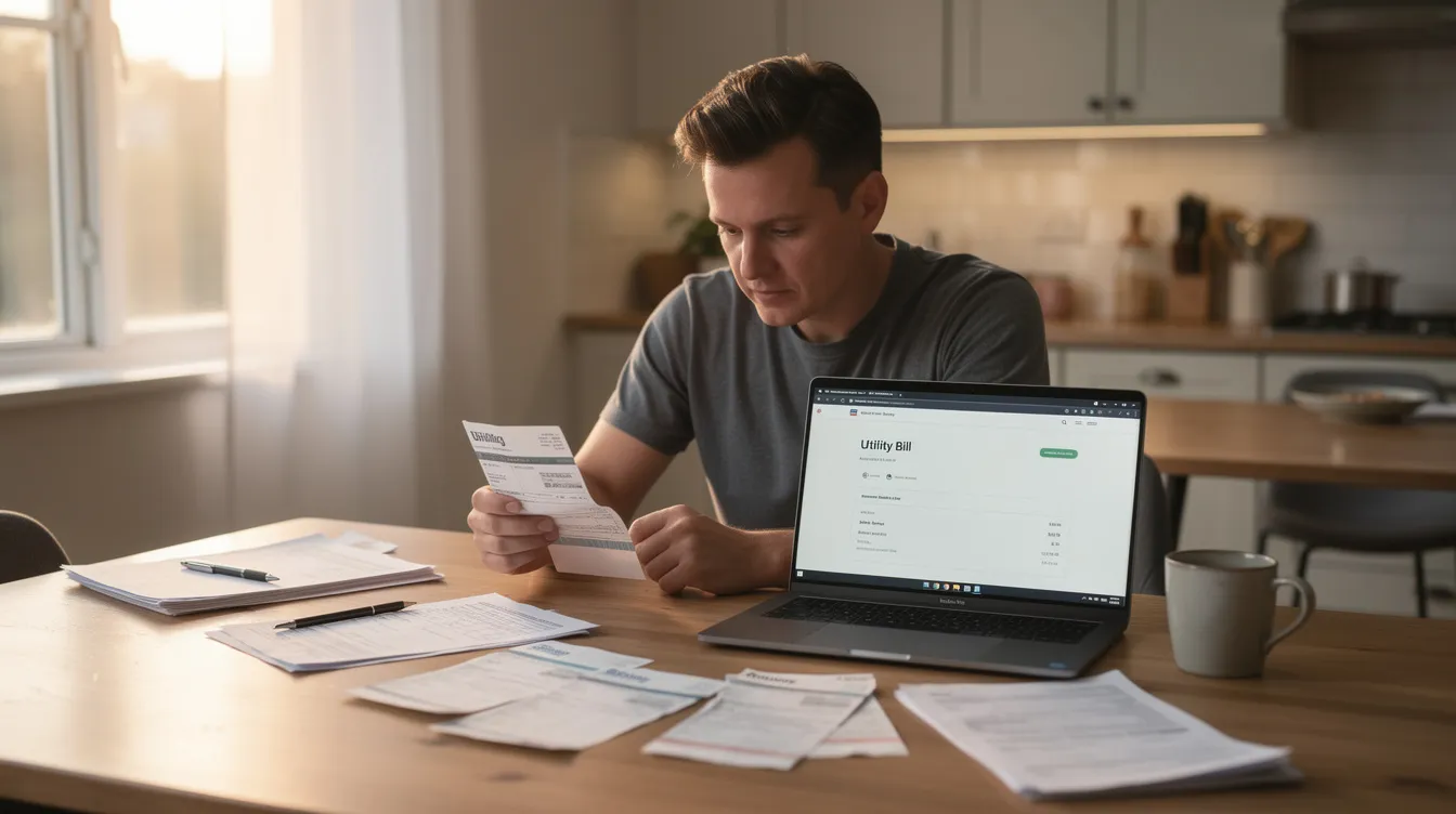 The image depicts a person sitting at a kitchen table, carefully reviewing their energy bills with a laptop open, likely comparing various electricity plans and usage details from Texas electricity providers.