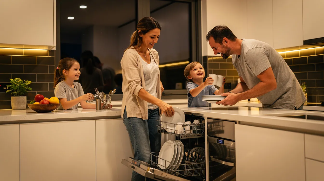 A family is seen in a modern kitchen, loading a dishwasher under warm ambient lighting at night. The scene captures a cozy atmosphere, emphasizing the importance of energy use during off-peak hours to manage electricity costs effectively.