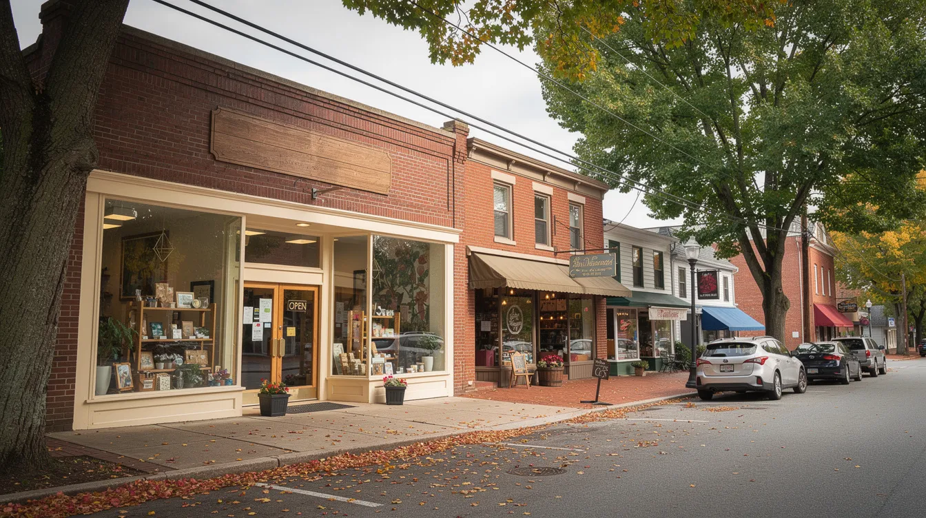 The image depicts a charming small business storefront nestled on a tree-lined street in a quaint Pennsylvania town, with inviting signage and a warm atmosphere that reflects the community spirit.