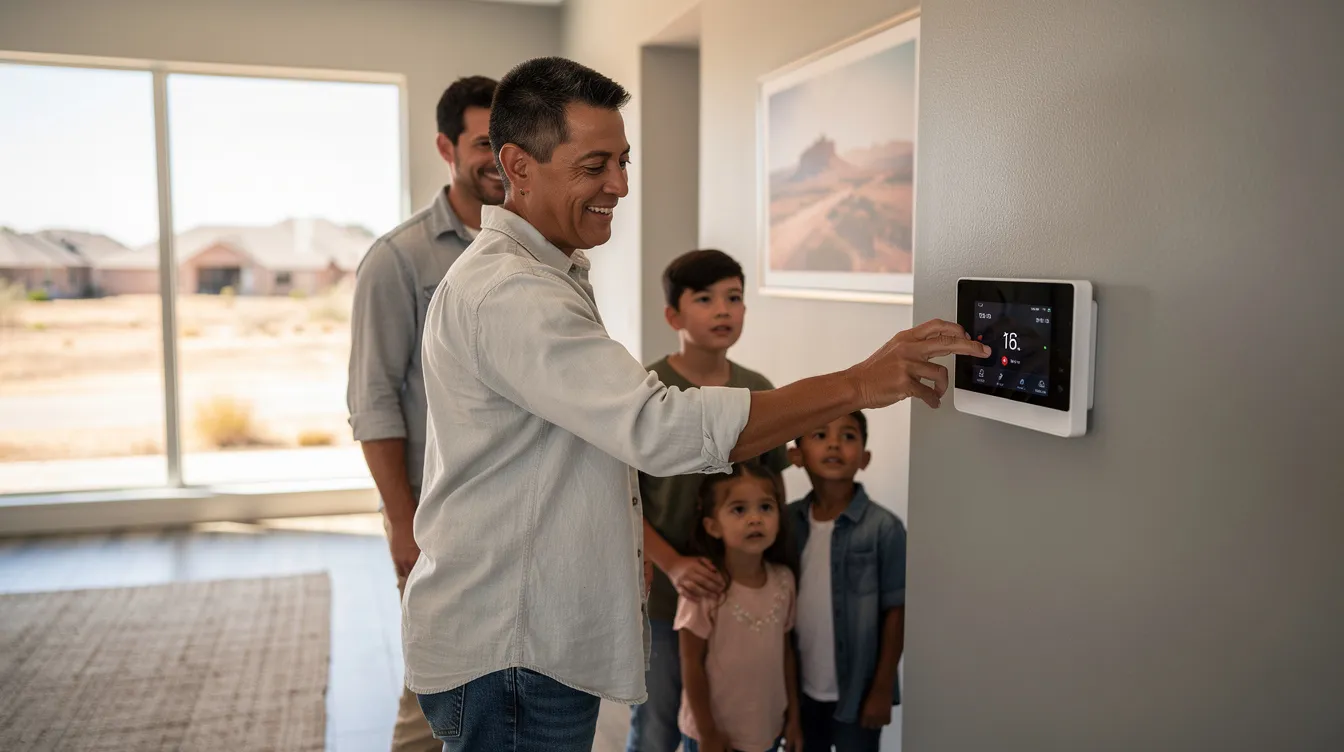 A family is seen adjusting a smart thermostat on the wall of their modern Texas home, showcasing their effort to manage energy usage efficiently.