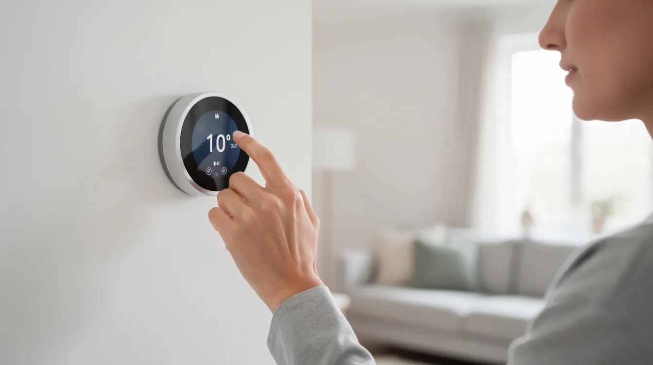 A person is seen adjusting a modern smart thermostat mounted on a white living room wall, illustrating the integration of technology in managing energy usage.
