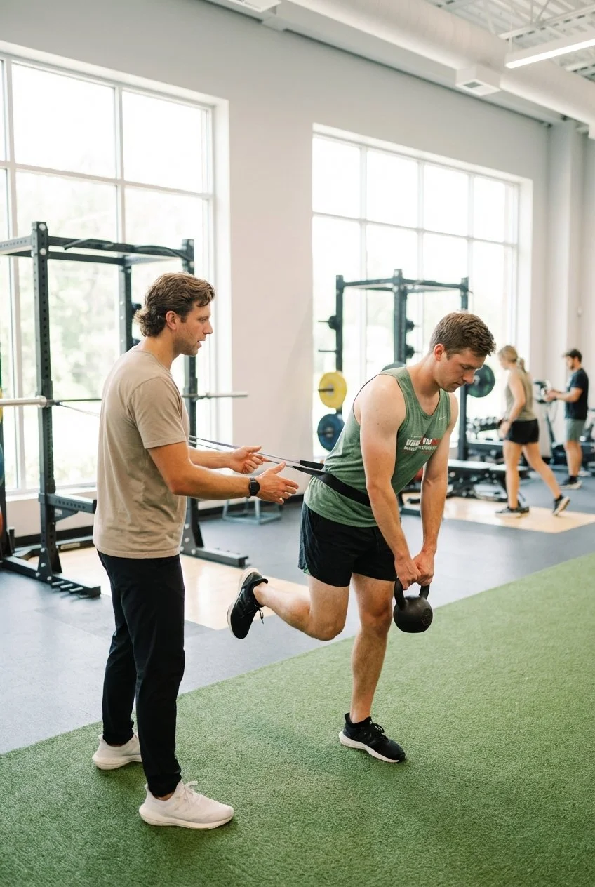 Patient working with a provider at a performance training clinic in Hingham during functional rehabilitation exercises