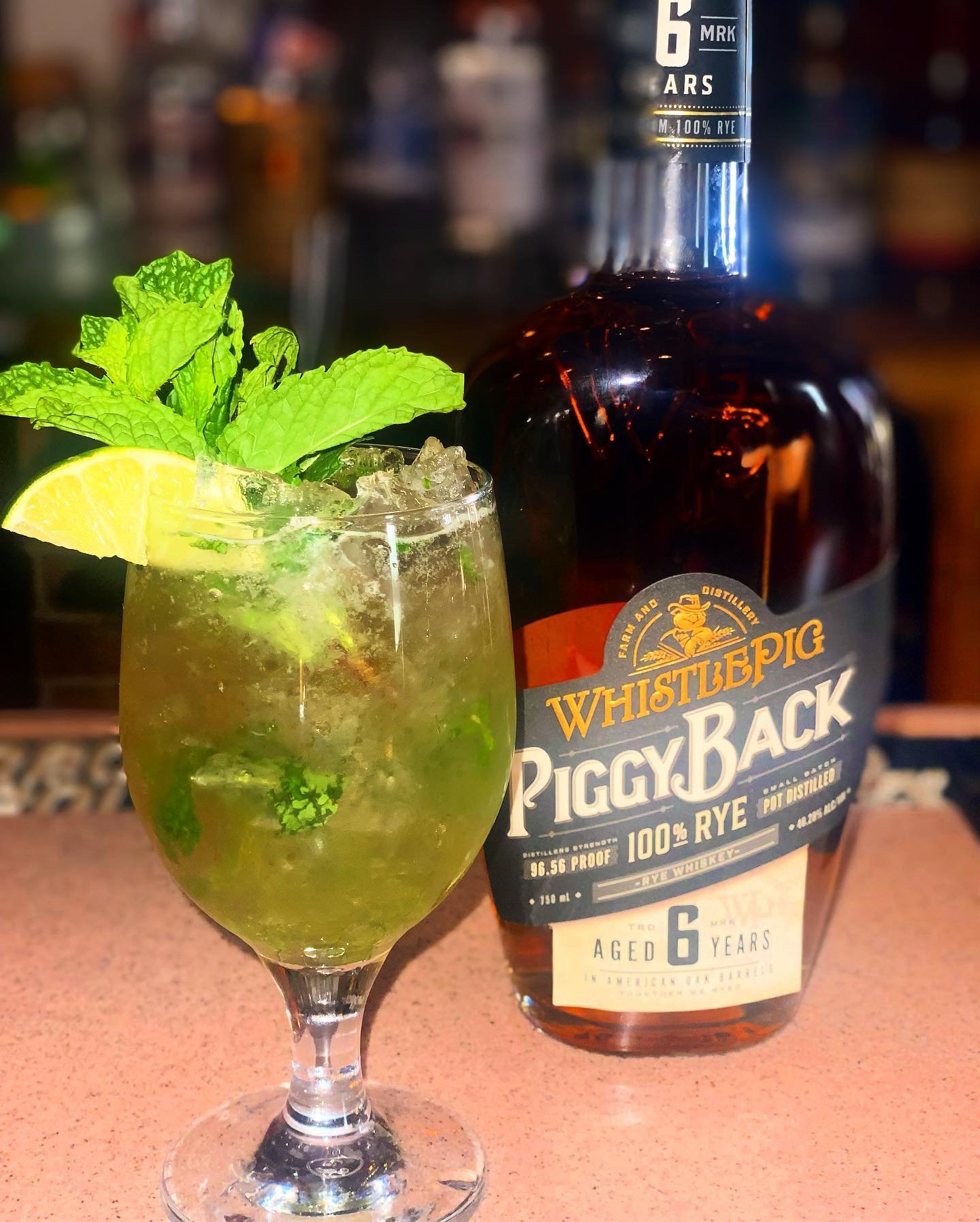 Come try our Piggy Back Smash!🐷 Whistle Pig Whiskey, with mint infused simple syrup and splash of soda! Bring a friend; You might need a piggy back ride home after a few 😆