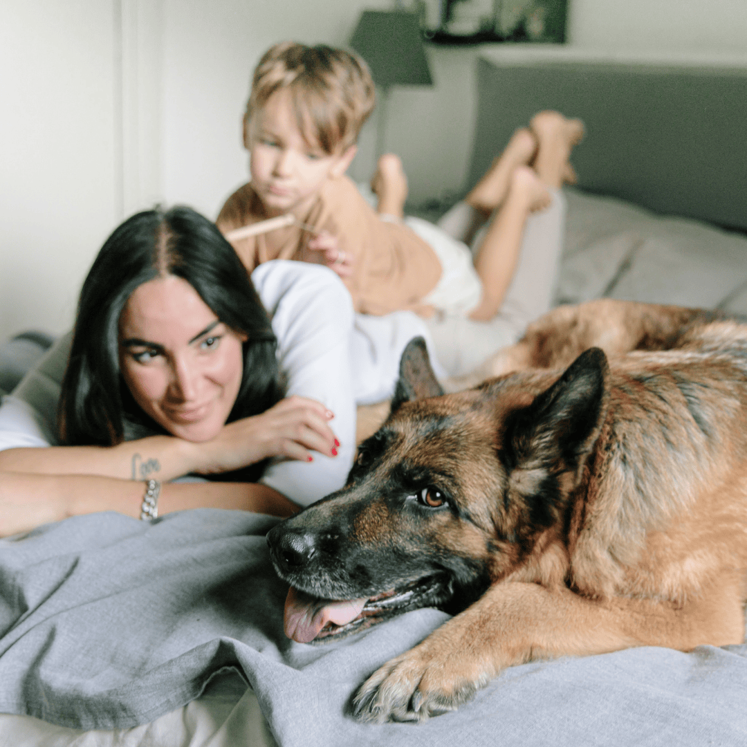 A woman and child with their dog laying in bed