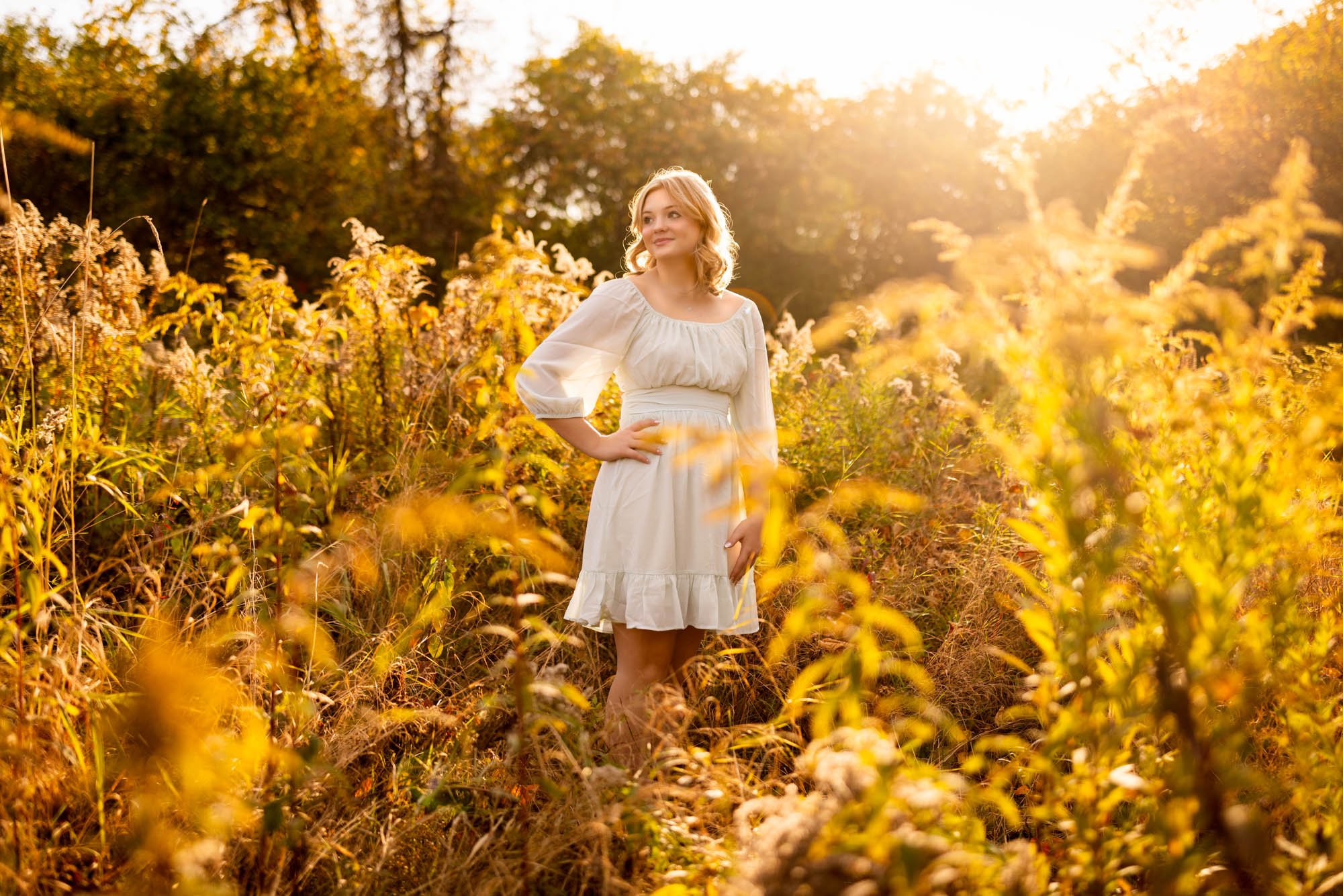 A young woman in a white dress standing amidst tall yellow and brown autumn grass, illuminated by warm sunlight with trees in the background.