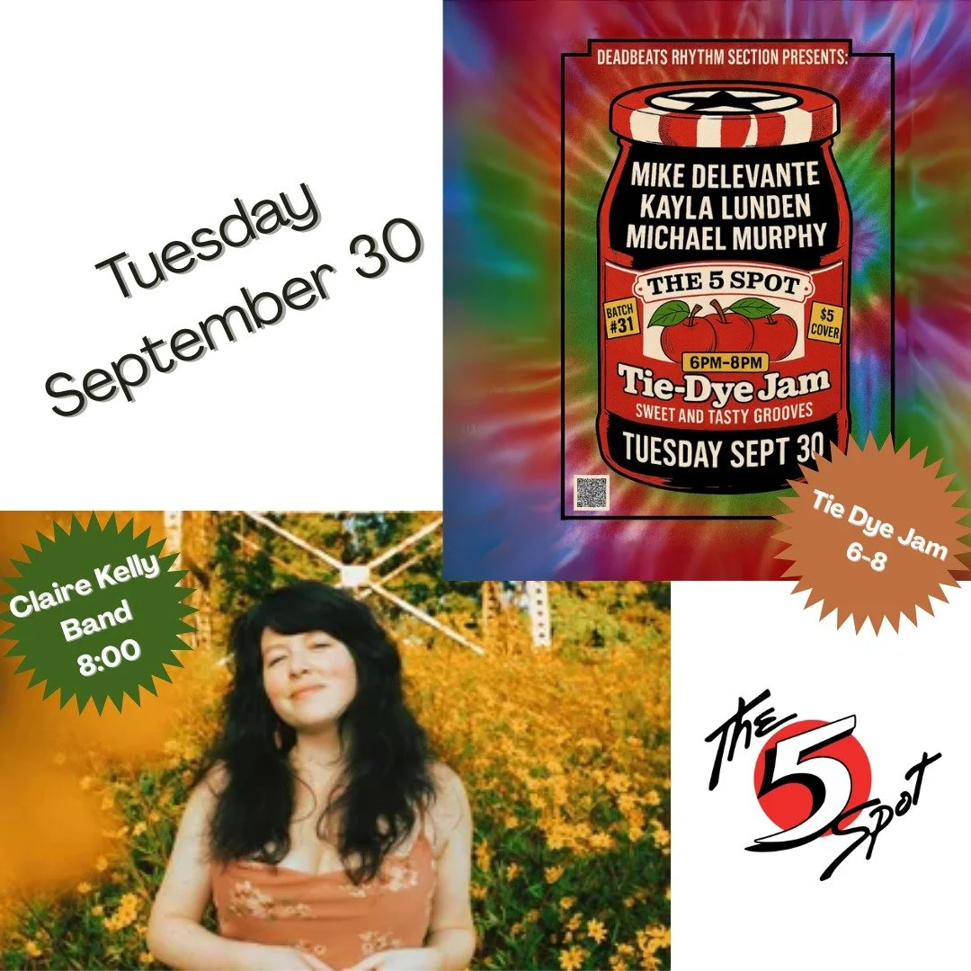 Excited for a great night of music on Tuesday 9/30. Starts with @tiedyejam from 6-8 with 3 wonderful featured artists -- Mike Delevante, Kayla Lunden, and Michael Murphy -- then a set with with @clairekellymusic to start @masterfrasco Tight 5 Tuesday