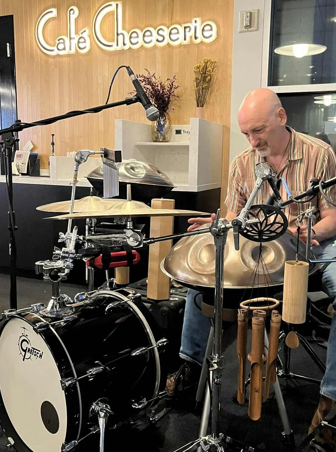 •	Really fun playing at Cafe Cheeserie in the Frist last night. Thanks to all who came out for the maiden voyage of the handpan hybrid drumset, to Kelsey Mahaffey for sharing some poetry from her new book No Fault of Water (which is now availabl